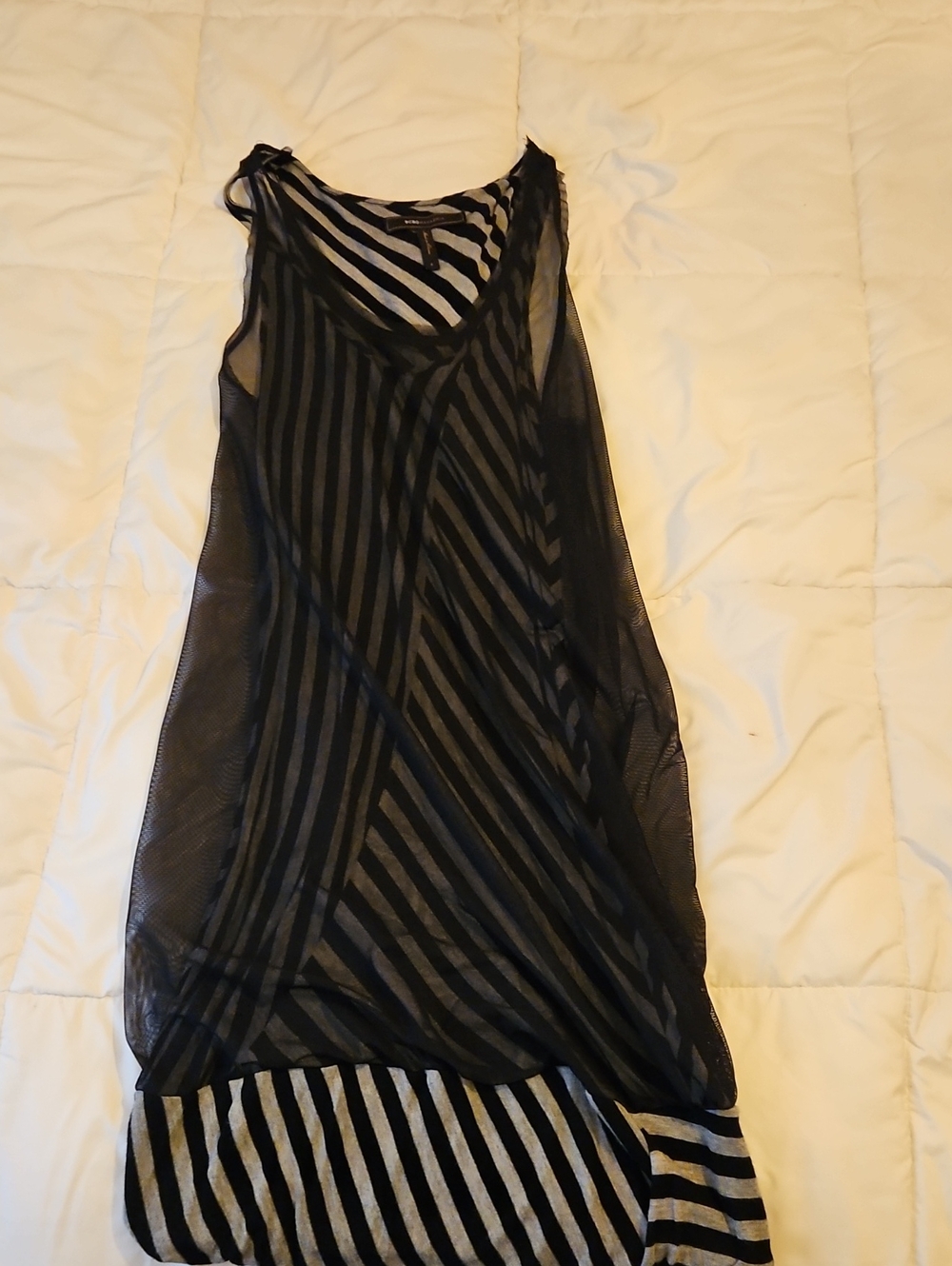 Black and Gray Striped Midi Dress with a Black Sheer Overlay